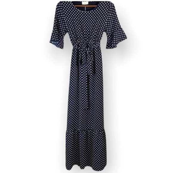 ORANGE CREEK / Pinkblush NWT Maternity Post Bump Dress Navy Polka Dot Tier S - Picture 3 of 11
